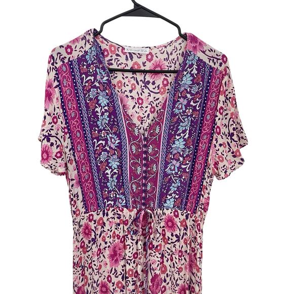 Maxi Dress XL Pink Purple Floral Prairie Boho Waist Tie Flowy Hippie Festival - Picture 2 of 11